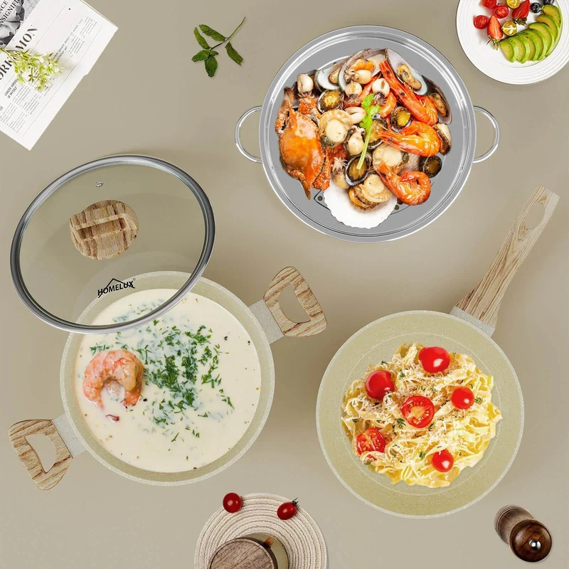 12-tlg Topf und Pfannen Set Topfset Induktion 12-teilige Kochtopf mit Glasdeckel Töpfe und Bratpfanne Set
