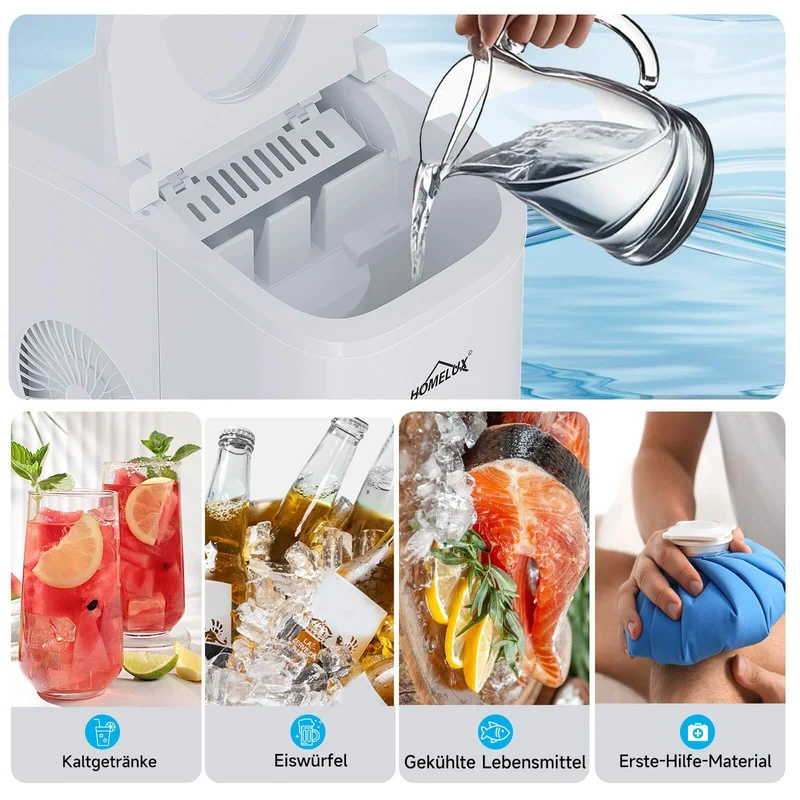 Eiswürfelmaschine 1,4 L Ice Maker, 2 wählbare Eiswürfelgrößen, 9 Eiswürfel in 6 Minuten, Selbstreinigungsfunktion Weiß