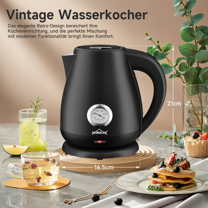 Elektrischer Retro Wasserkocher mit Thermometer – 1,7L, Edelstahl, 2200 Watt