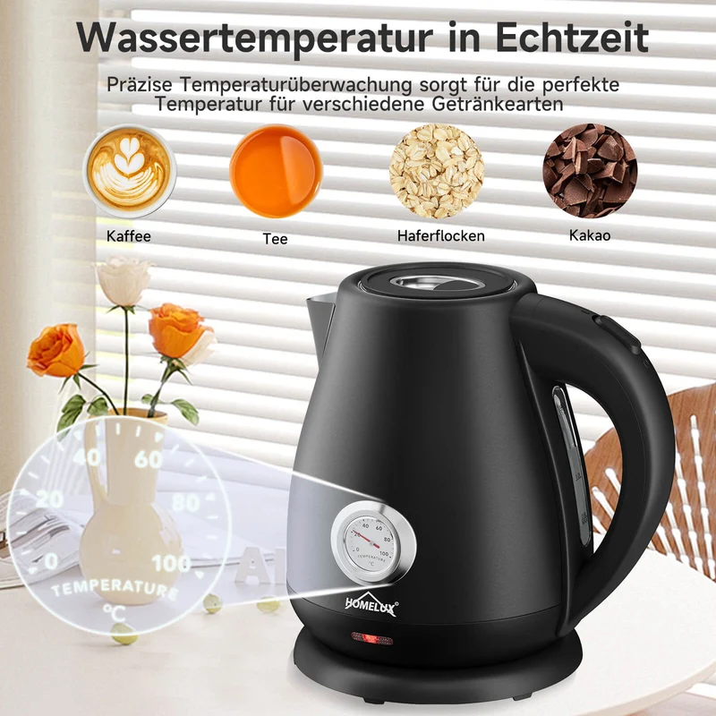 Elektrischer Retro Wasserkocher mit Thermometer – 1,7L, Edelstahl, 2200 Watt