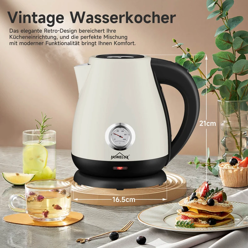 Elektrischer Retro Wasserkocher mit Thermometer – 1,7L, Edelstahl, 2200 Watt