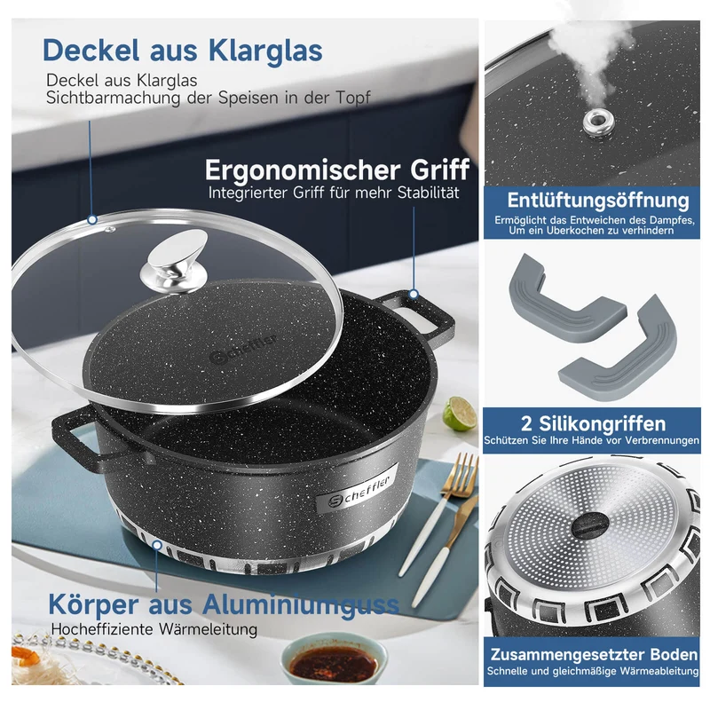 Scheffler Topfset Kochtopf Set mit Glasdeckel Antihaftbeschichtung Induktion für alle Herdarten geeignet