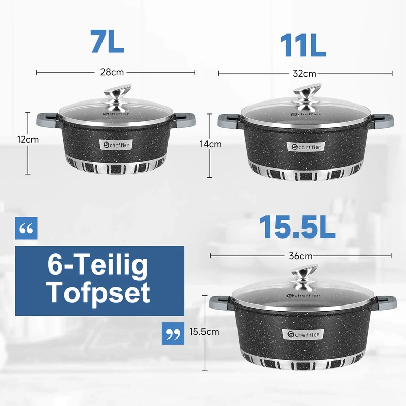 Scheffler Topfset Kochtopf Set mit Glasdeckel Antihaftbeschichtung Induktion für alle Herdarten geeignet