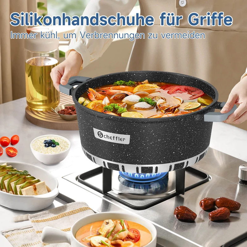 Scheffler Kochtopf mit Glasdeckel für Induktion Aluguss Antihaft Topf, hitzebeständig, energiesparend, frei von PFOA & PFOS