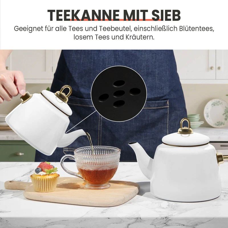 Homelux Türkische Teekanne 2L+1L, Emaille Wasserkessel Set, Induktionsgeeignet, Teekocher für alle Herdarten