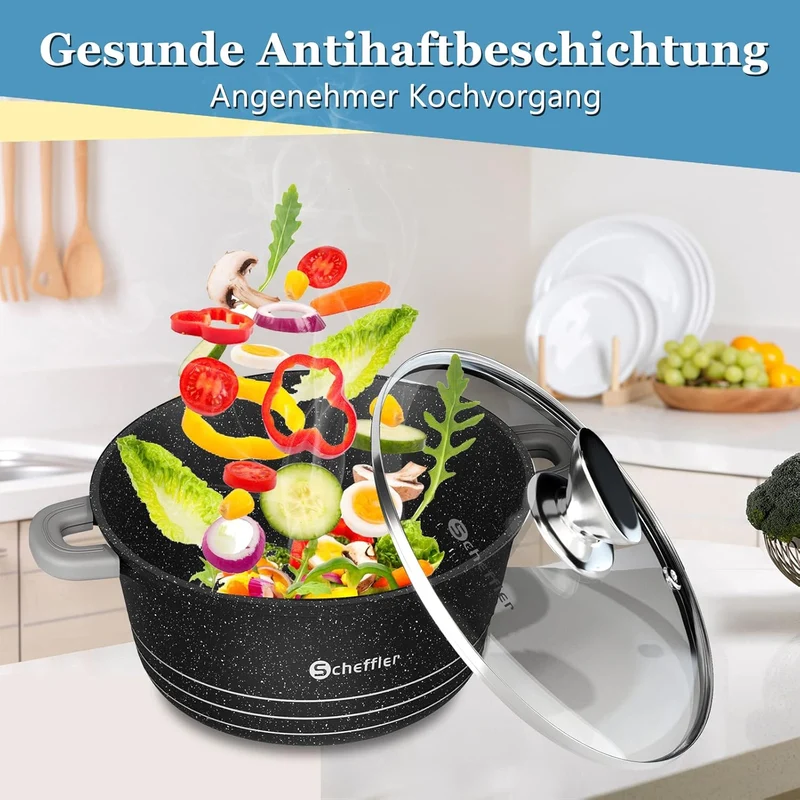 Topf-Set Kochtopf Set Induktions Antihaftbeschichtung Töpfe Set mit Glasdeckel