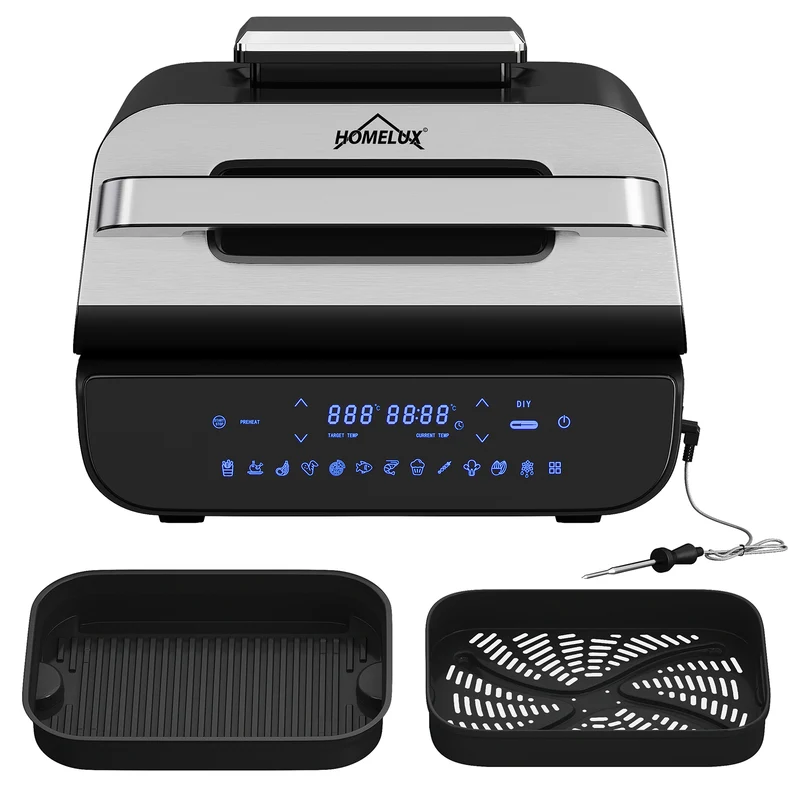 HOMELUX Heißluftfritteuse & Grill 6-in-1 Heißluftfritteuse mit Kontaktgrill Plate, Digitalem Temperaturfühler, Touch-Steuerung, Max 230℃, 1700W