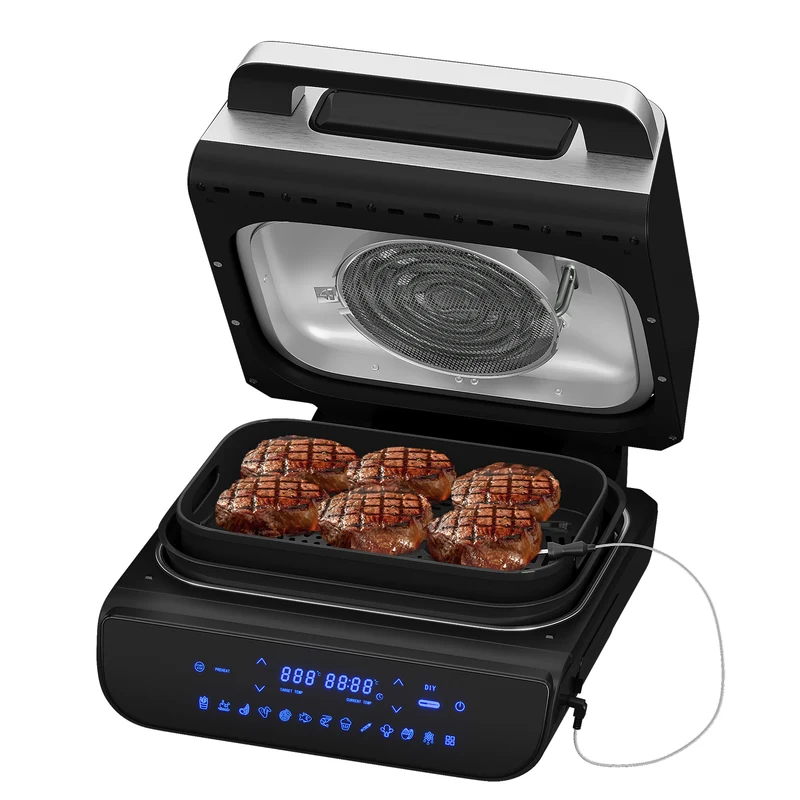 HOMELUX Heißluftfritteuse & Grill 6-in-1 Heißluftfritteuse mit Kontaktgrill Plate, Digitalem Temperaturfühler, Touch-Steuerung, Max 230℃, 1700W