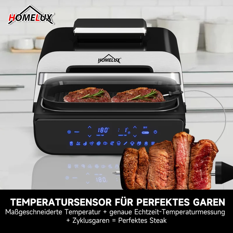 HOMELUX Heißluftfritteuse & Grill 6-in-1 Heißluftfritteuse mit Kontaktgrill Plate, Digitalem Temperaturfühler, Touch-Steuerung, Max 230℃, 1700W