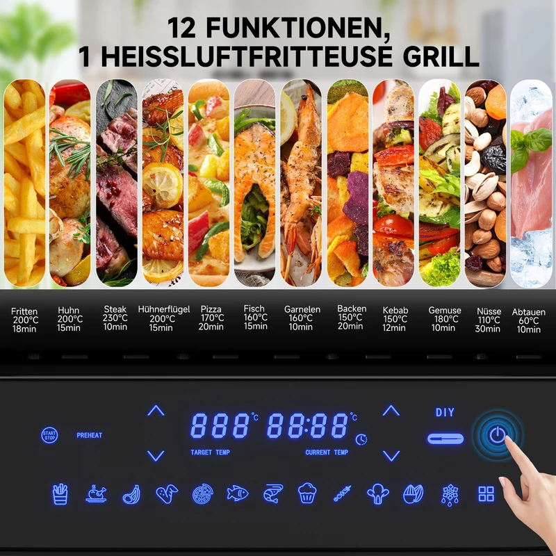HOMELUX Heißluftfritteuse & Grill 6-in-1 Heißluftfritteuse mit Kontaktgrill Plate, Digitalem Temperaturfühler, Touch-Steuerung, Max 230℃, 1700W