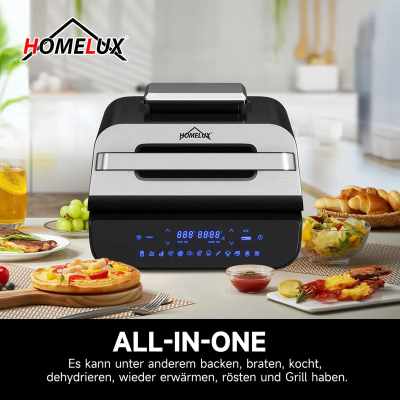 HOMELUX Heißluftfritteuse & Grill 6-in-1 Heißluftfritteuse mit Kontaktgrill Plate, Digitalem Temperaturfühler, Touch-Steuerung, Max 230℃, 1700W