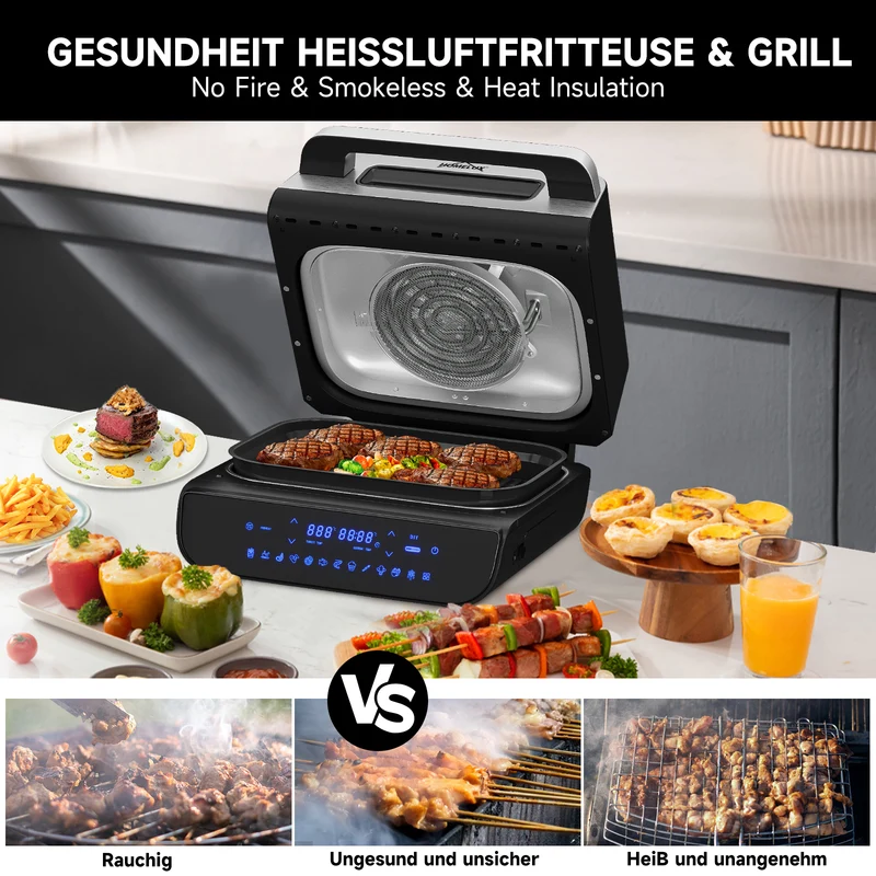 HOMELUX Heißluftfritteuse & Grill 6-in-1 Heißluftfritteuse mit Kontaktgrill Plate, Digitalem Temperaturfühler, Touch-Steuerung, Max 230℃, 1700W