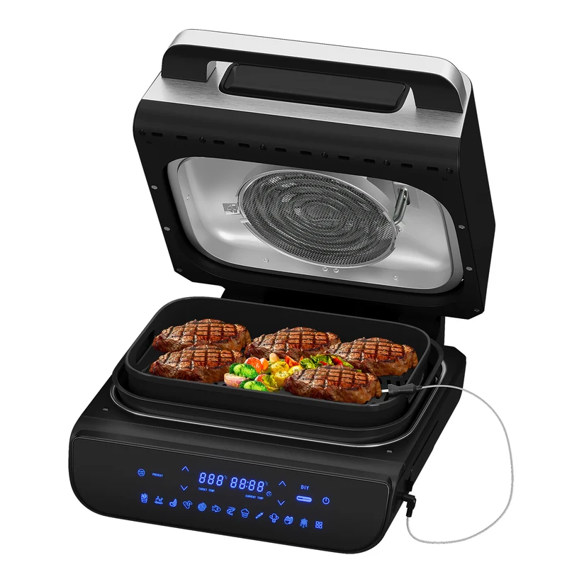 HOMELUX Heißluftfritteuse & Grill 6-in-1 Heißluftfritteuse mit Kontaktgrill Plate, Digitalem Temperaturfühler, Touch-Steuerung, Max 230℃, 1700W