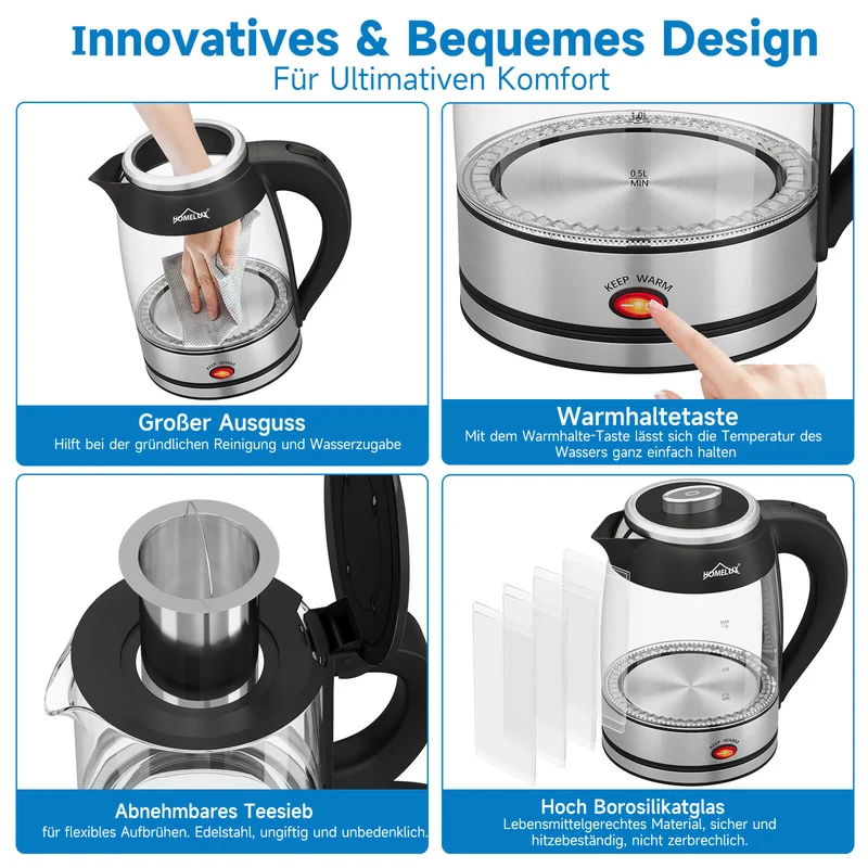 2200 Watt Teekocher 1,8L Wasserkocher Glas 0,8L Teekanne mit Sieb Teemaschine