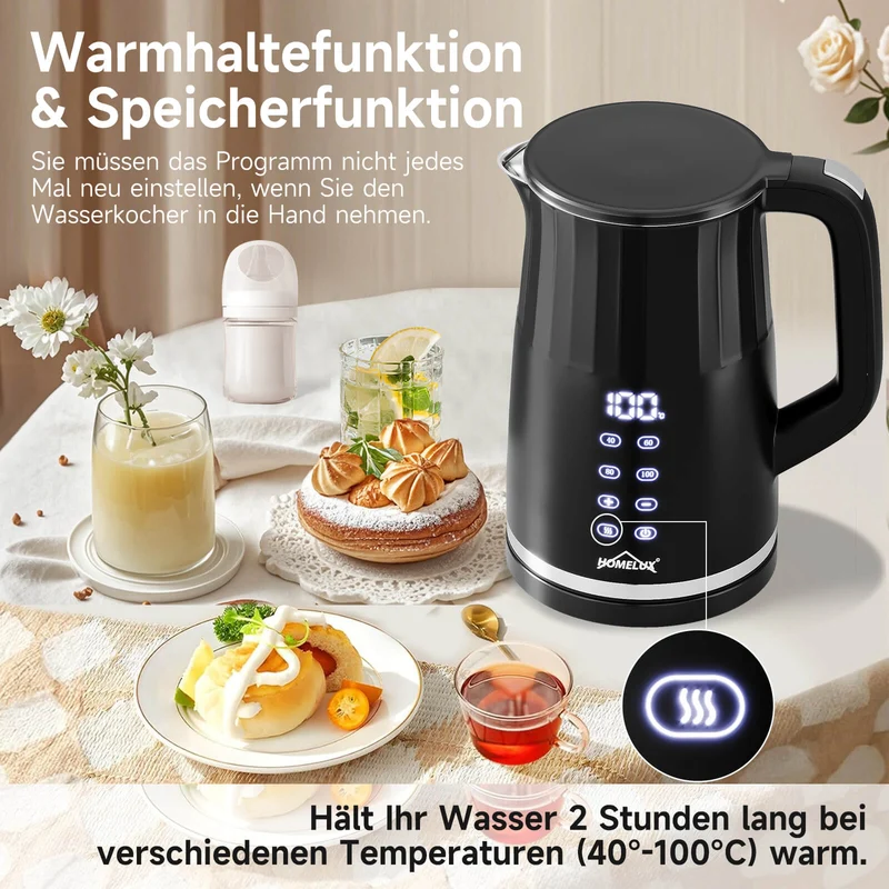 2200W Elektrischer Wasserkocher mit Temperaturwahl 40-100°C Edelstahl Doppelwand