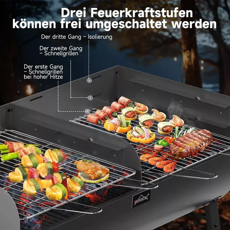 HOMELUX XXL Holzkohlegrill Mobiler Grillwagen mit 2 Grillflächen, höhenverstellbar, aus robustem Stahl mit Ablage