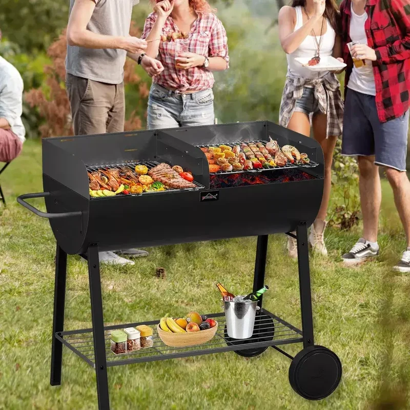 HOMELUX XXL Holzkohlegrill Mobiler Grillwagen mit 2 Grillflächen, höhenverstellbar, aus robustem Stahl mit Ablage