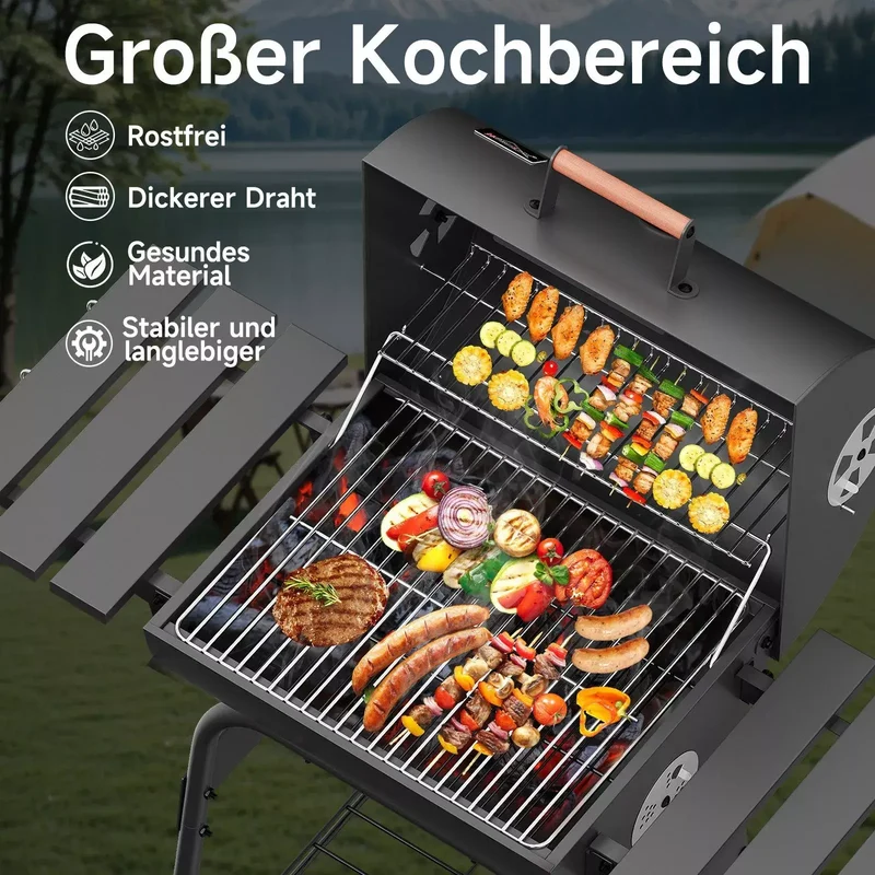 Holzkohlegrill BBQ Smoker – Robuster Grillwagen mit Thermometer, Räucherofen & Ablagen für perfektes Grillvergnügen