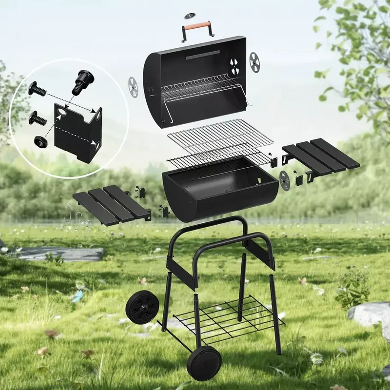 Holzkohlegrill BBQ Smoker – Robuster Grillwagen mit Thermometer, Räucherofen & Ablagen für perfektes Grillvergnügen
