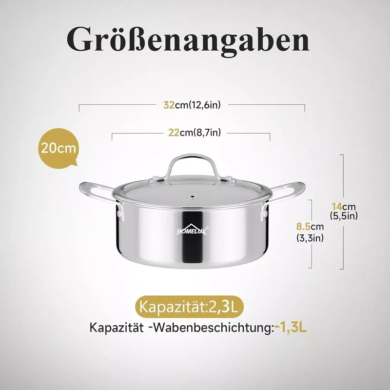 Edelstahl Kochtopf Induktion mit Glasdeckel Schmortopf Antihaft in 20/24/26 cm