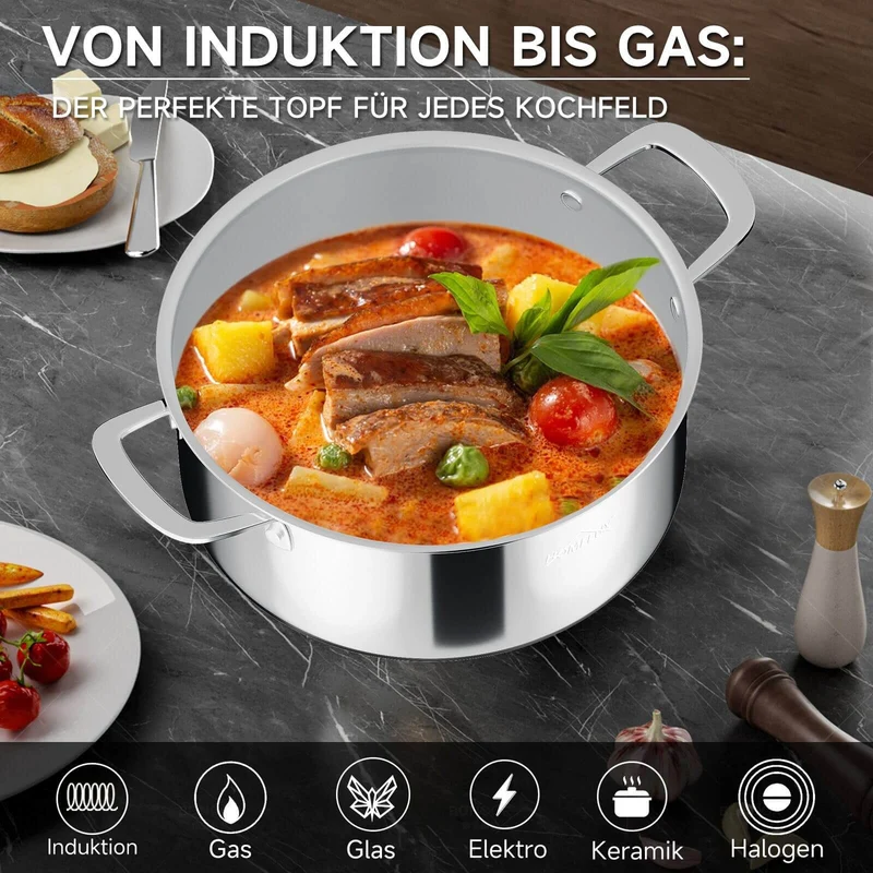 Edelstahl Kochtopf Induktion mit Glasdeckel Schmortopf Antihaft in 20/24/26 cm