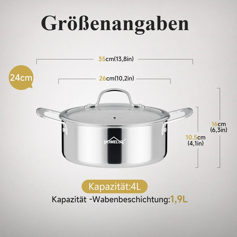 Edelstahl Kochtopf Induktion mit Glasdeckel Schmortopf Antihaft in 20/24/26 cm