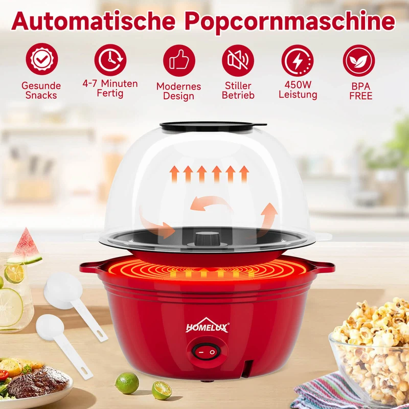 HOMELUX Popcornmaschine 450W, schnelles & fettfreies Popcorn in 3 Min, Antihaft, leicht zu reinigen, ideal für Zuhause