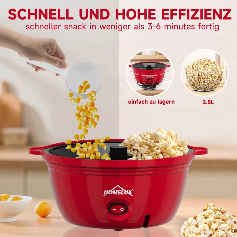 HOMELUX Popcornmaschine 450W, schnelles & fettfreies Popcorn in 3 Min, Antihaft, leicht zu reinigen, ideal für Zuhause