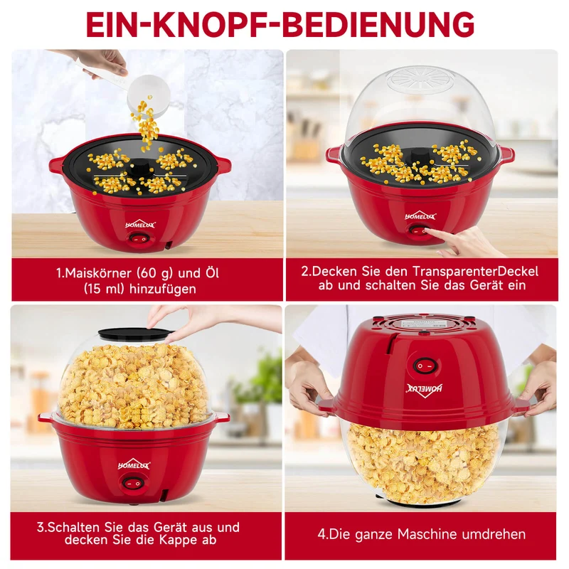 HOMELUX Popcornmaschine 450W, schnelles & fettfreies Popcorn in 3 Min, Antihaft, leicht zu reinigen, ideal für Zuhause