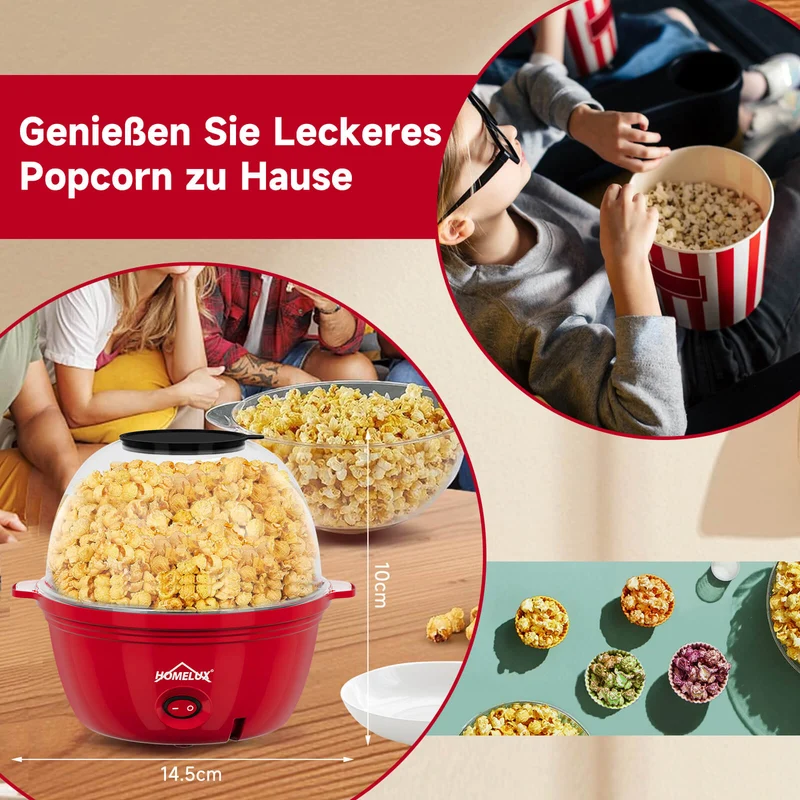 HOMELUX Popcornmaschine 450W, schnelles & fettfreies Popcorn in 3 Min, Antihaft, leicht zu reinigen, ideal für Zuhause