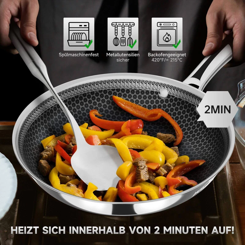 24 cm / 28 cm Bratpfanne Edelstahlpfanne Beschichtete Pfanne Edelstahl Bratpfanne mit Waben-Antihaftbeschichtung