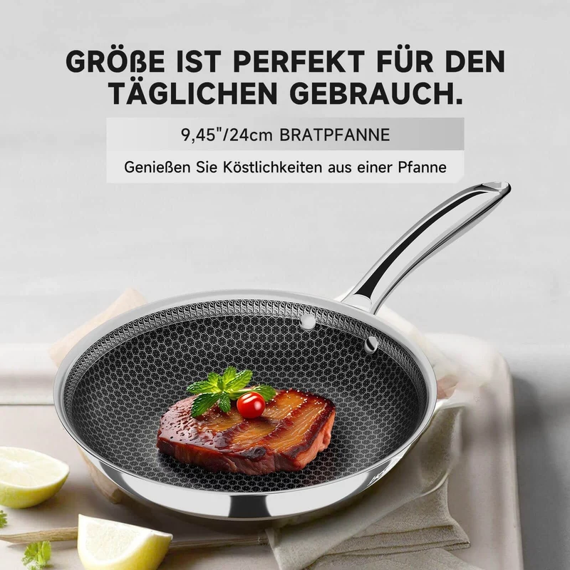 24 cm / 28 cm Bratpfanne Edelstahlpfanne Beschichtete Pfanne Edelstahl Bratpfanne mit Waben-Antihaftbeschichtung