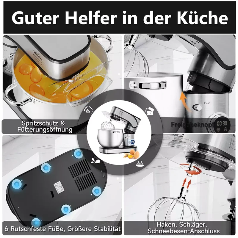 12L Küchenmaschine 2500W Küchenmaschine 12L Knetmaschine Rührmaschine LED-Touchscreen Teigmaschine