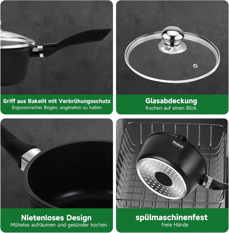Hochwertiges 3-teiliges Induktions-Topfset – Antihaftbeschichtet, mit Glasdeckel & Ausgießer, für alle Herdarten, ideal für Milch, Soßen & Desserts