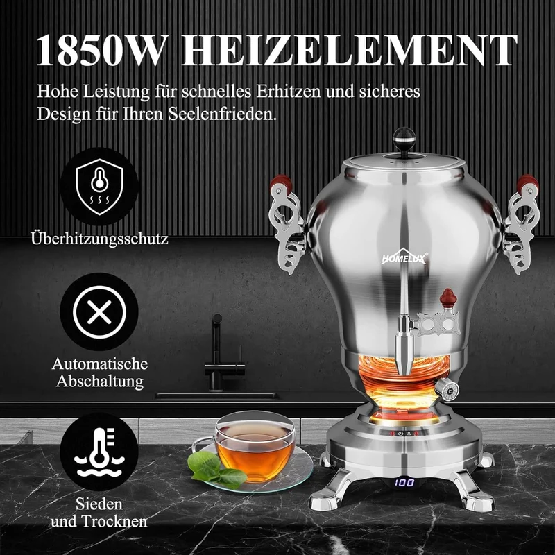 5L +1.6L / 2.5L +1.2L Elektrischer Samoware Edelstahl Teekocher mit 1850W, Warmhaltefunktion & Ablasshahn