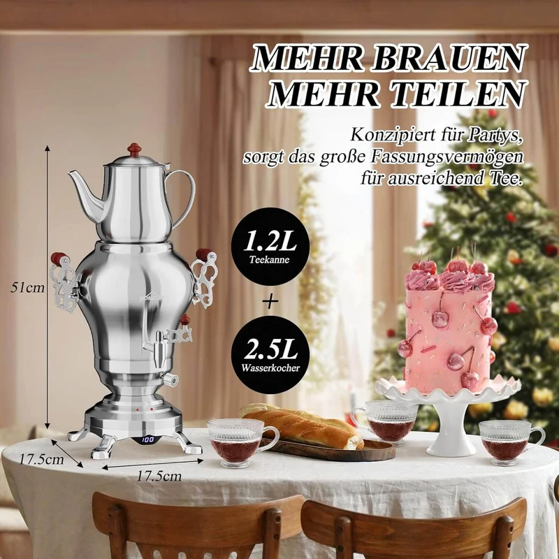 5L +1.6L / 2.5L +1.2L Elektrischer Samoware Edelstahl Teekocher mit 1850W, Warmhaltefunktion & Ablasshahn