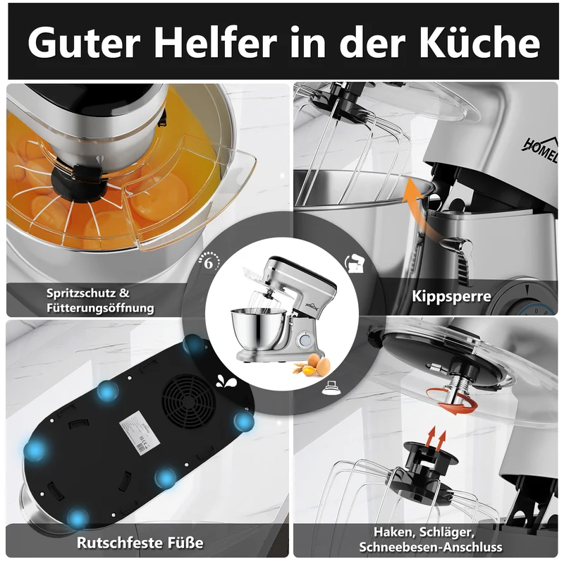 HOMELUX Knetmaschine 8L – 1800W, 6 Geschwindigkeiten, LED-Touchscreen, Edelstahl-Rührschüssel, leise & leistungsstark für Teig & mehr