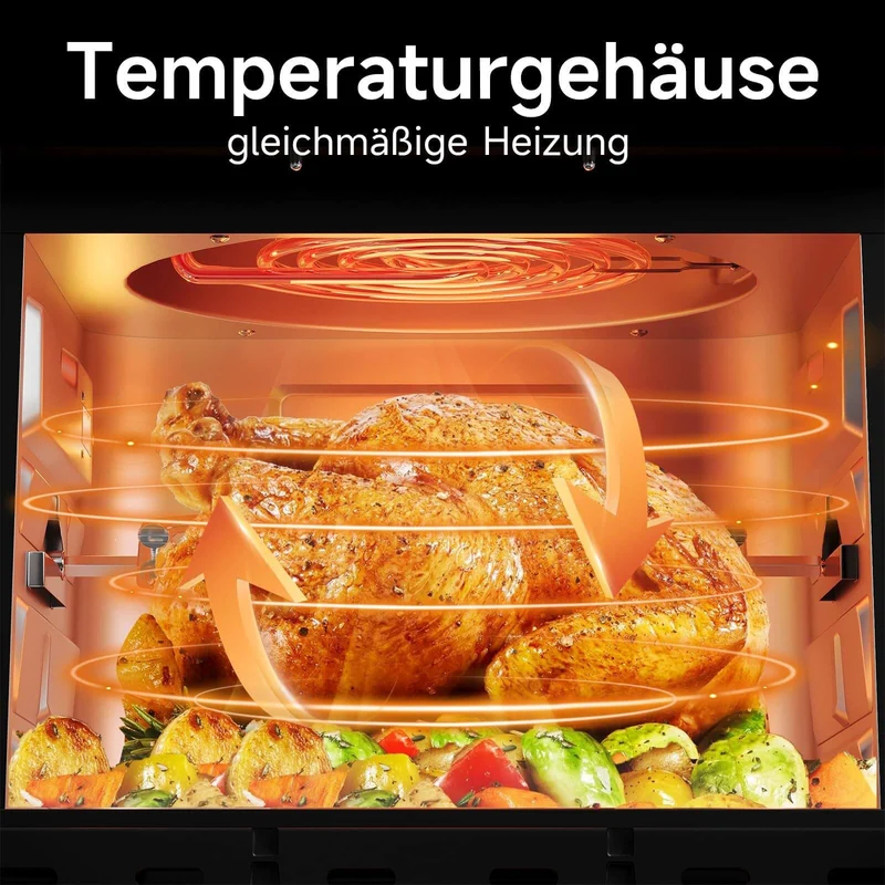 12L Heißluftfritteuse mit Drehfunktion, 12 Kochprogrammen und LED-Display Heißluft Ofen 1800W mit Drehspieß
