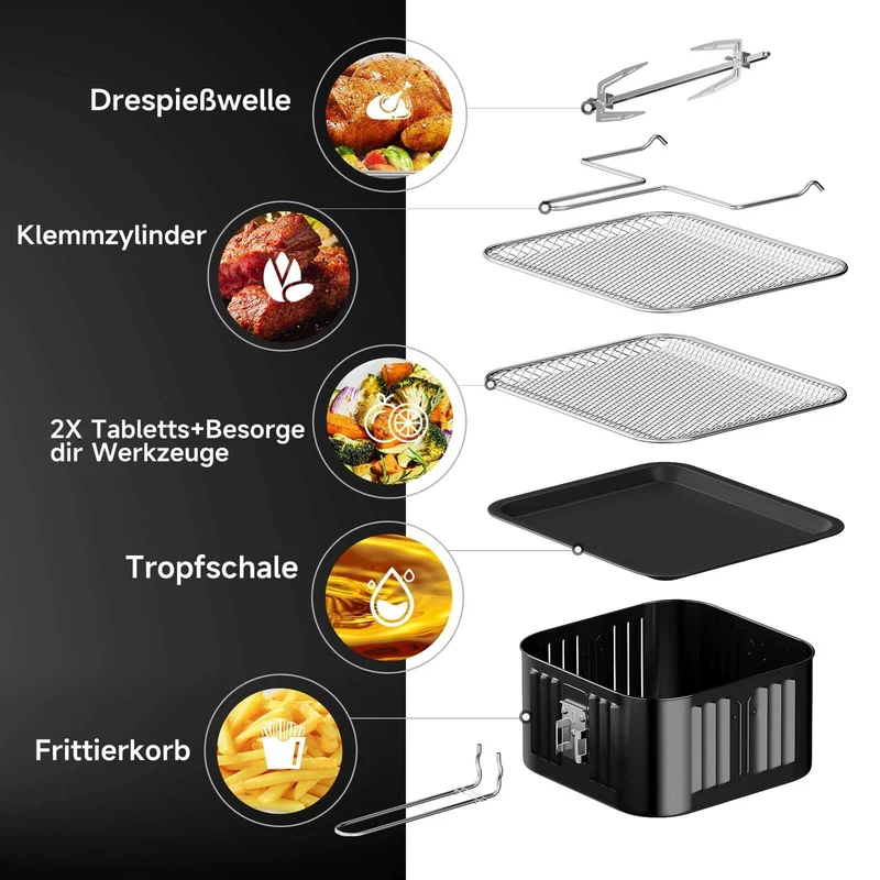 12L Heißluftfritteuse mit Drehfunktion, 12 Kochprogrammen und LED-Display Heißluft Ofen 1800W mit Drehspieß