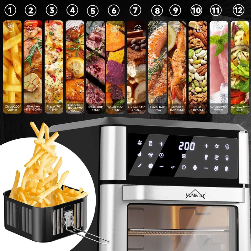 12L Heißluftfritteuse mit Drehfunktion, 12 Kochprogrammen und LED-Display Heißluft Ofen 1800W mit Drehspieß