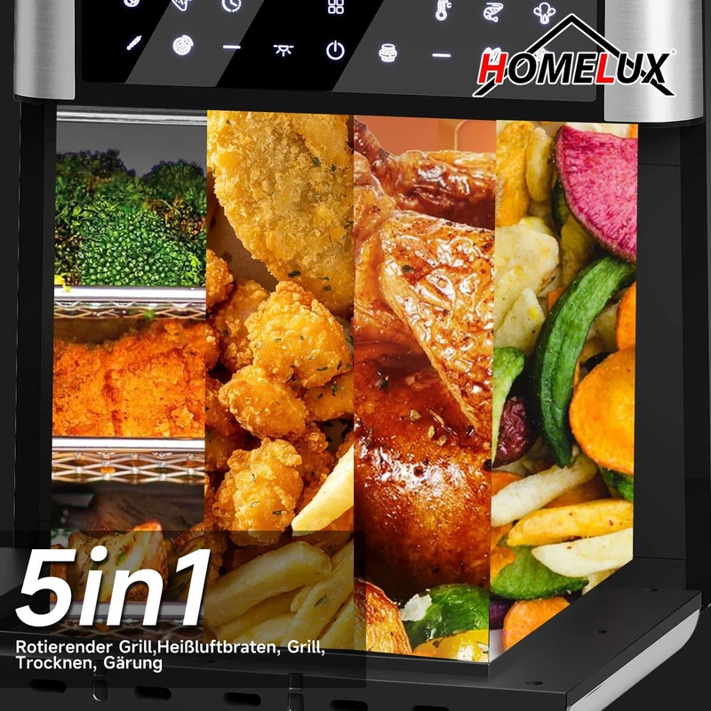 12L Heißluftfritteuse mit Drehfunktion, 12 Kochprogrammen und LED-Display Heißluft Ofen 1800W mit Drehspieß