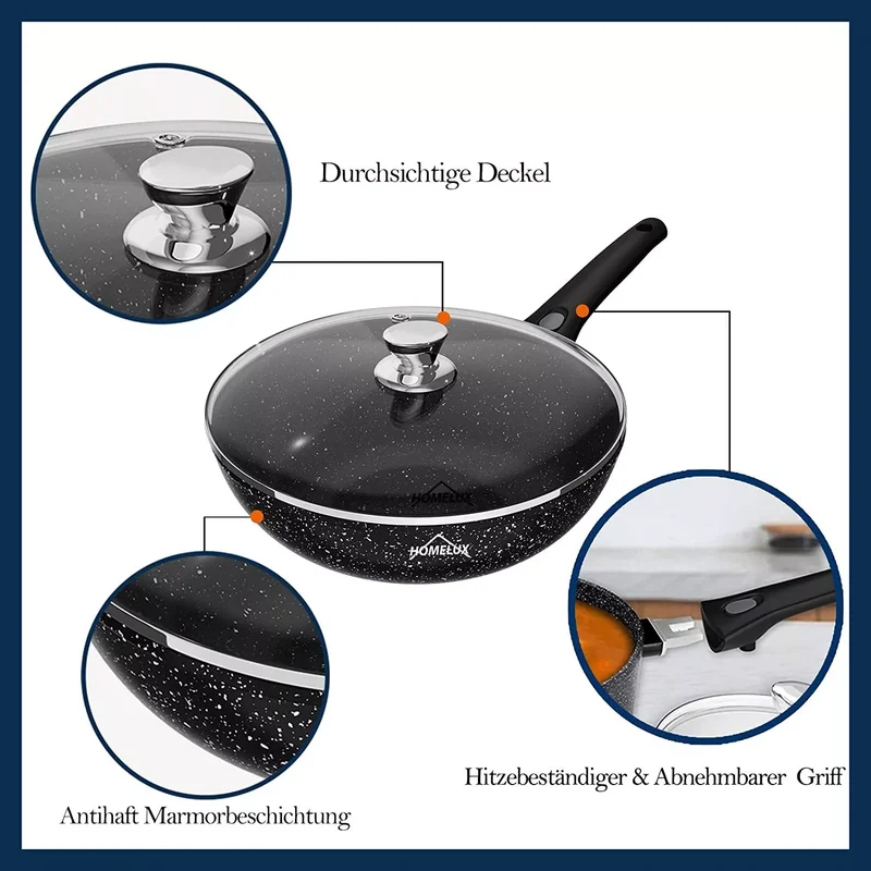 Wokpfanne Induktion Abnehmbarer Griff Deckel 28 30 32 cm Antihaft