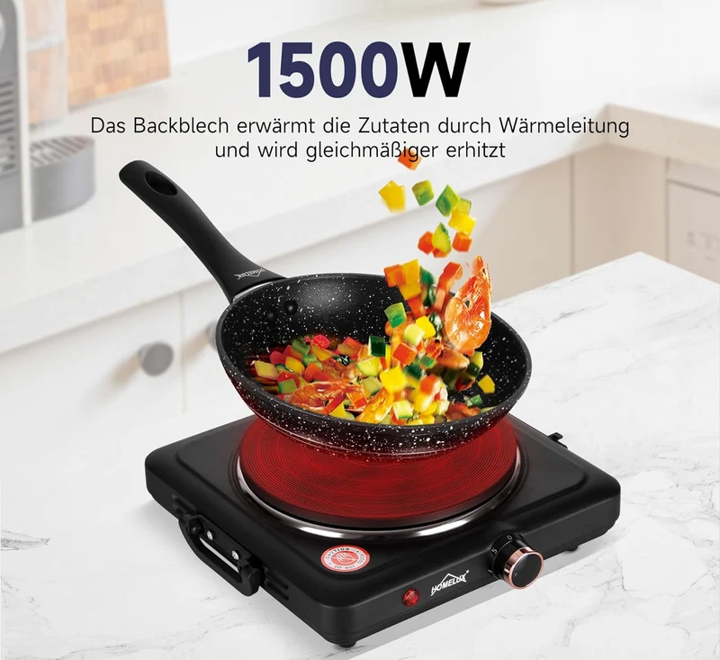 Homelux Kochplatte 1000 / 1500 / 2000 / 2500W Herdplatte, Einzeln Regelbare 5 Heizstufen, Edelstahl Kochfeld für Küche, Büro oder Camping