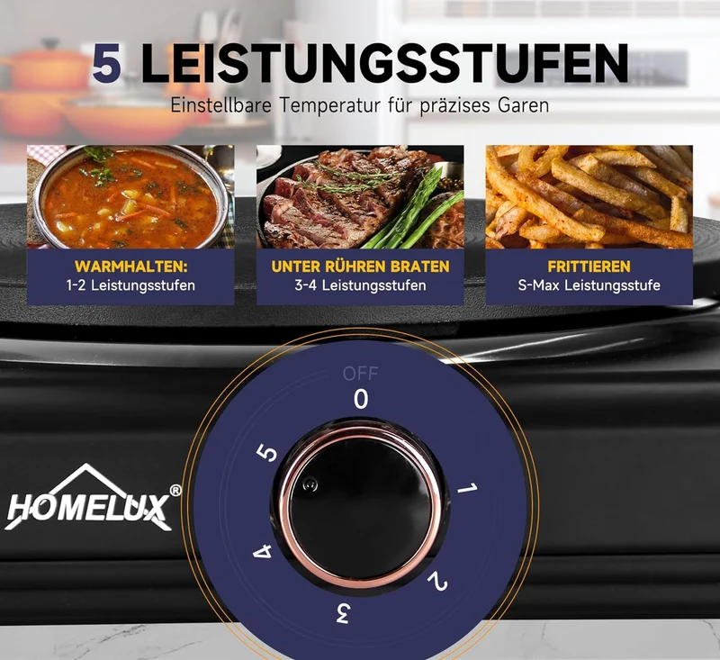 Homelux Kochplatte 1000 / 1500 / 2000 / 2500W Herdplatte, Einzeln Regelbare 5 Heizstufen, Edelstahl Kochfeld für Küche, Büro oder Camping