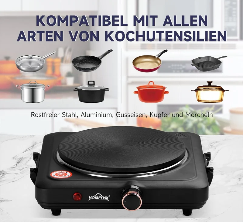 Homelux Kochplatte 1000 / 1500 / 2000 / 2500W Herdplatte, Einzeln Regelbare 5 Heizstufen, Edelstahl Kochfeld für Küche, Büro oder Camping