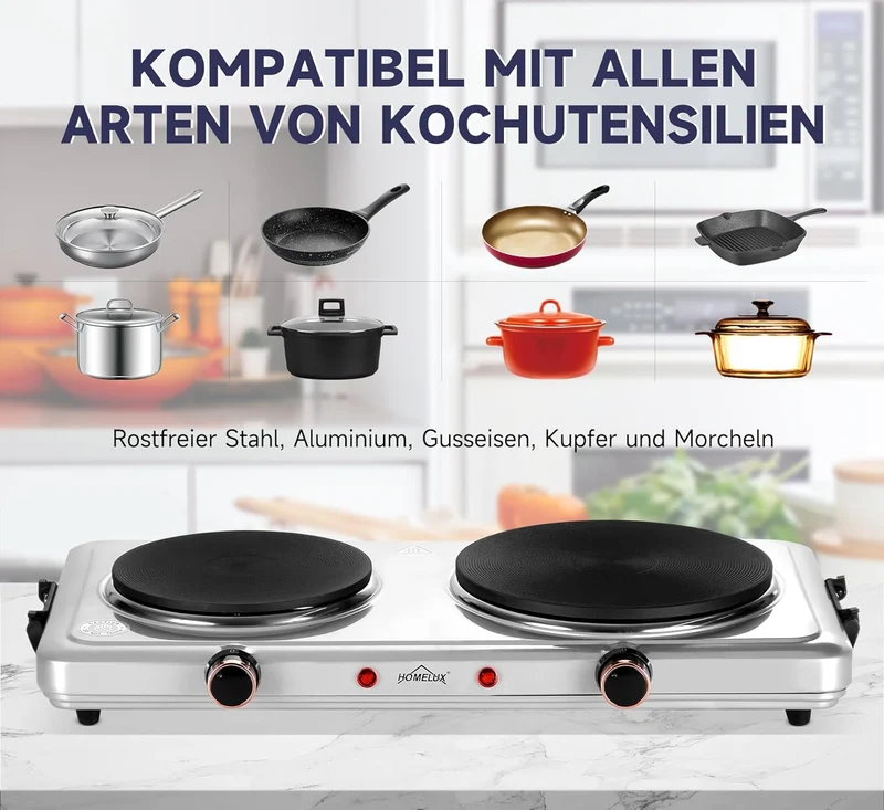 Homelux Kochplatte 1000 / 1500 / 2000 / 2500W Herdplatte, Einzeln Regelbare 5 Heizstufen, Edelstahl Kochfeld für Küche, Büro oder Camping