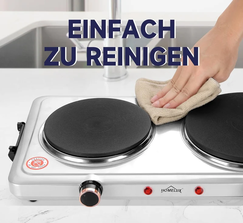Homelux Kochplatte 1000 / 1500 / 2000 / 2500W Herdplatte, Einzeln Regelbare 5 Heizstufen, Edelstahl Kochfeld für Küche, Büro oder Camping