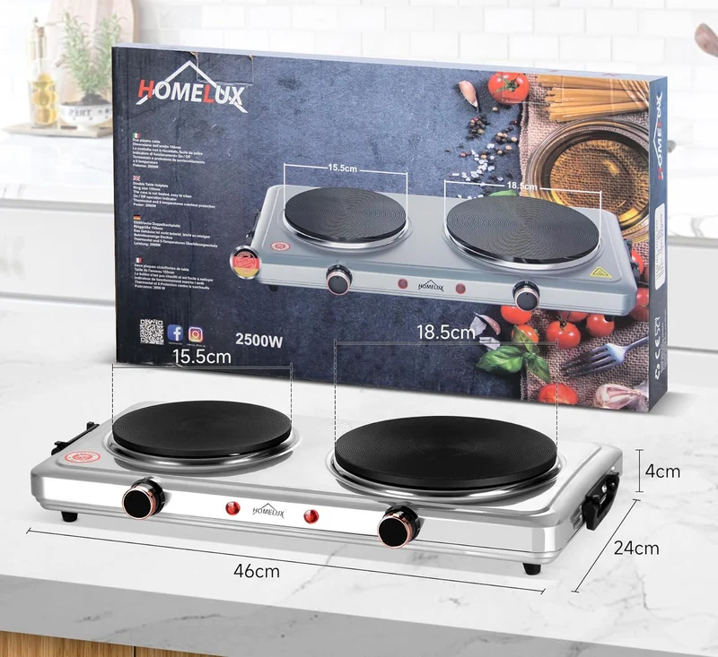 Homelux Kochplatte 1000 / 1500 / 2000 / 2500W Herdplatte, Einzeln Regelbare 5 Heizstufen, Edelstahl Kochfeld für Küche, Büro oder Camping