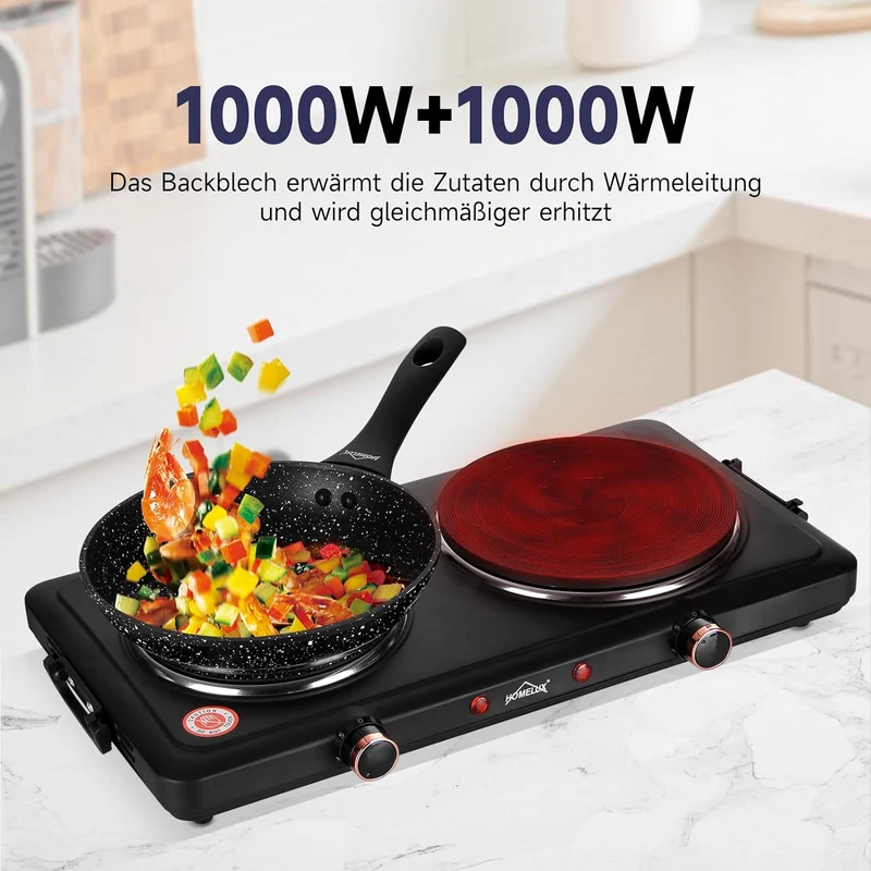 Homelux Kochplatte 1000 / 1500 / 2000 / 2500W Herdplatte, Einzeln Regelbare 5 Heizstufen, Edelstahl Kochfeld für Küche, Büro oder Camping