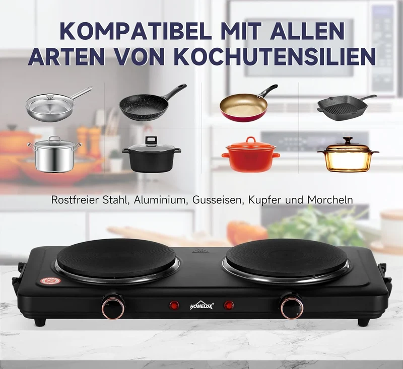 Homelux Kochplatte 1000 / 1500 / 2000 / 2500W Herdplatte, Einzeln Regelbare 5 Heizstufen, Edelstahl Kochfeld für Küche, Büro oder Camping